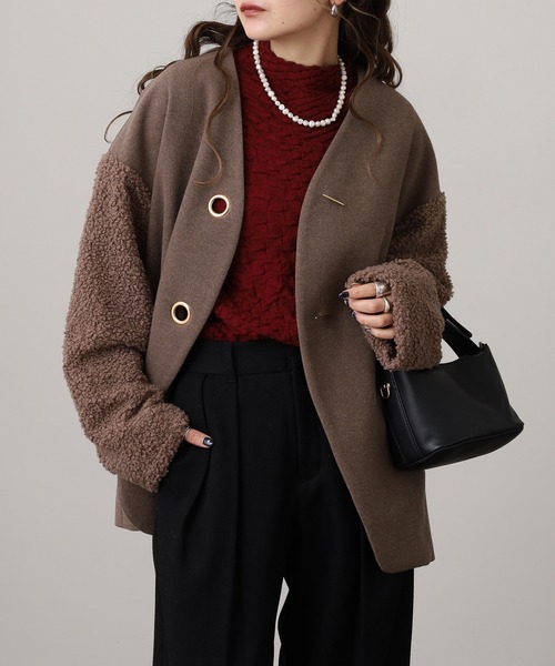 Anna Nicola(アンナニコラ)の「Anna Nicola ボア切替エコウールコート(ノーカラーコート・レディース・グレイッシュベージュ/ブラック/モカ・38)」の3枚目の写真