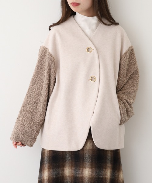 Anna Nicola(アンナニコラ)の「Anna Nicola ボア切替エコウールコート(ノーカラーコート・レディース・グレイッシュベージュ/ブラック/モカ・38)」の5枚目の写真