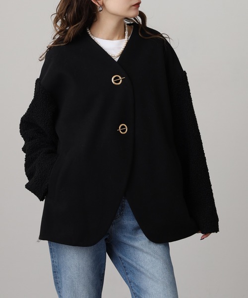 Anna Nicola(アンナニコラ)の「Anna Nicola ボア切替エコウールコート(ノーカラーコート・レディース・グレイッシュベージュ/ブラック/モカ・38)」の16枚目の写真