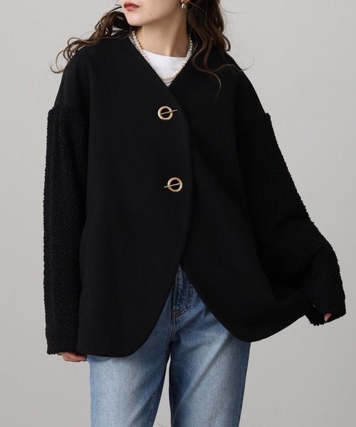 Anna Nicola(アンナニコラ)の「Anna Nicola ボア切替エコウールコート(ノーカラーコート・レディース・グレイッシュベージュ/ブラック/モカ・38)」の17枚目の写真