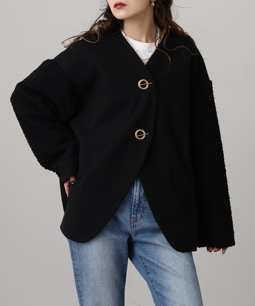 Anna Nicola(アンナニコラ)の「Anna Nicola ボア切替エコウールコート(ノーカラーコート・レディース・グレイッシュベージュ/ブラック/モカ・38)」の18枚目の写真