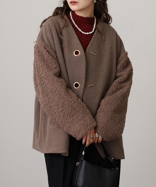 Anna Nicola(アンナニコラ)の「Anna Nicola ボア切替エコウールコート(ノーカラーコート・レディース・グレイッシュベージュ/ブラック/モカ・38)」の20枚目の写真