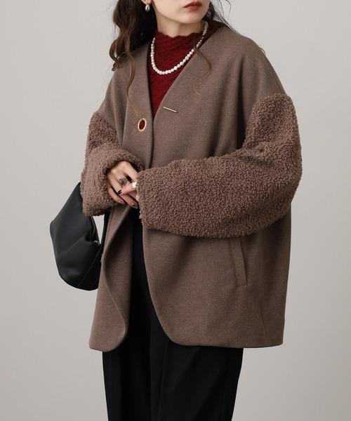 Anna Nicola(アンナニコラ)の「Anna Nicola ボア切替エコウールコート(ノーカラーコート・レディース・グレイッシュベージュ/ブラック/モカ・38)」の21枚目の写真