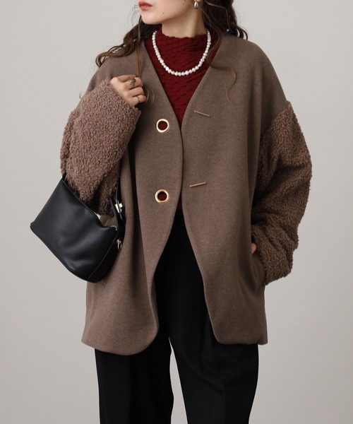 Anna Nicola(アンナニコラ)の「Anna Nicola ボア切替エコウールコート(ノーカラーコート・レディース・グレイッシュベージュ/ブラック/モカ・38)」の22枚目の写真