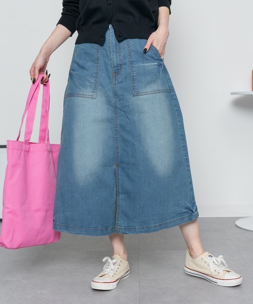 aity(アイティ)の「ストレッチデニムベイカースカート(デニムスカート・レディース・ブルー/ネイビー・M/L/LL/3L/4L)」の2枚目の写真