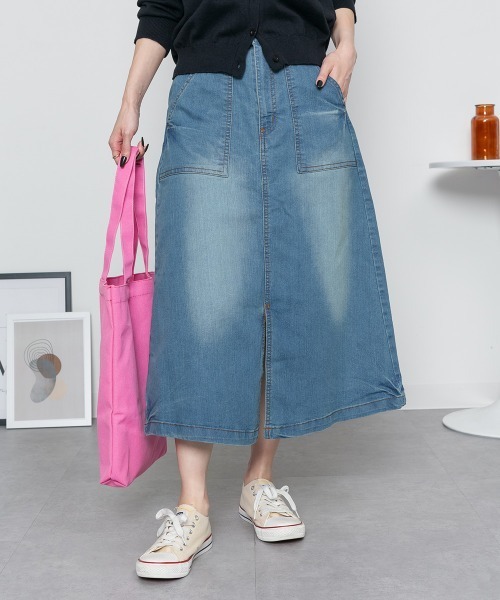aity(アイティ)の「ストレッチデニムベイカースカート(デニムスカート・レディース・ブルー/ネイビー・M/L/LL/3L/4L)」の3枚目の写真