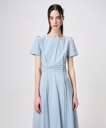 Neck Cut-Out Shirring Dress, Sky Blue