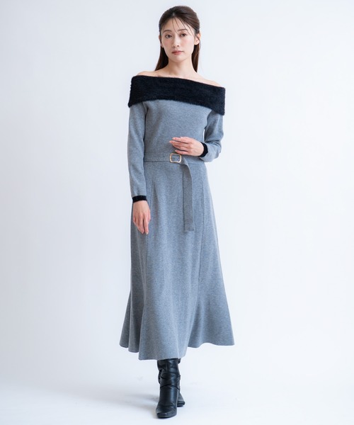 NOELA(ノエラ)の「フェザートリム配色ドッキングワンピース(ワンピース・レディース・モカ/グレー/オフホワイト・フリー)」の14枚目の写真