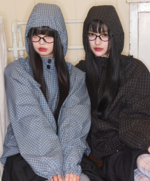 ILLIGO（イリゴ）の「オブリークフリルフードジャケットチェックブルー（ナイロンジャケット）」