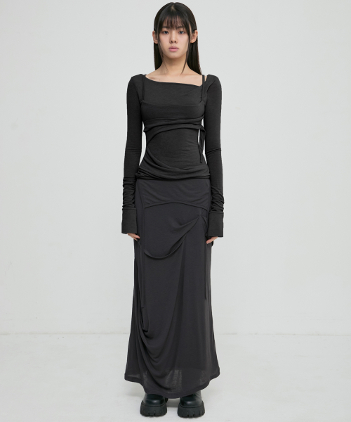 Asymmetrical Draped Long Skirt (FL-263_Black)（スカート）｜FLAREUP