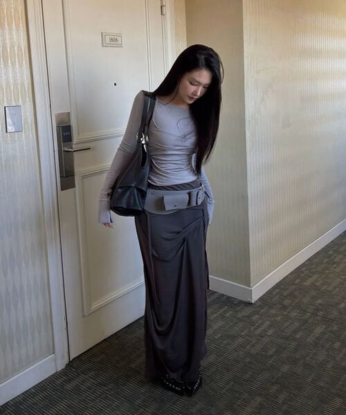 Asymmetrical Draped Long Skirt (FL-263_Black)（スカート）｜FLAREUP