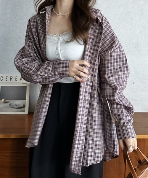 Eclat one（エクラワン）の「【Eclat one】ルーズフィット ドロップショルダー チェック シャツ（シャツ/ブラウス・レディース・ネイビー/パープル/ブルー・FREE）」の11枚目の写真