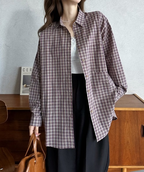 Eclat one（エクラワン）の「【Eclat one】ルーズフィット ドロップショルダー チェック シャツ（シャツ/ブラウス・レディース・ネイビー/パープル/ブルー・FREE）」の14枚目の写真