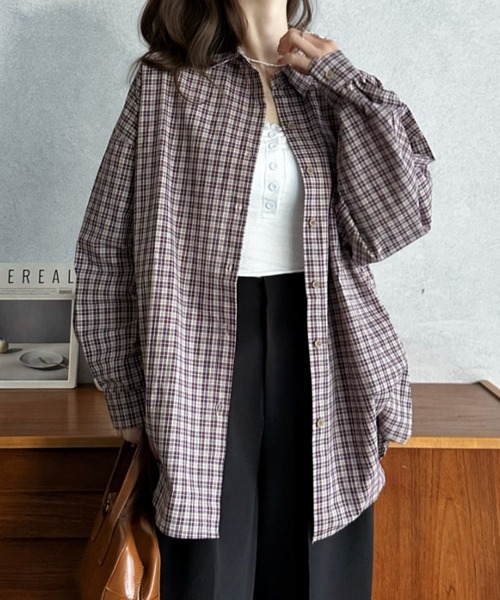 Eclat one（エクラワン）の「【Eclat one】ルーズフィット ドロップショルダー チェック シャツ（シャツ/ブラウス・レディース・ネイビー/パープル/ブルー・FREE）」の13枚目の写真