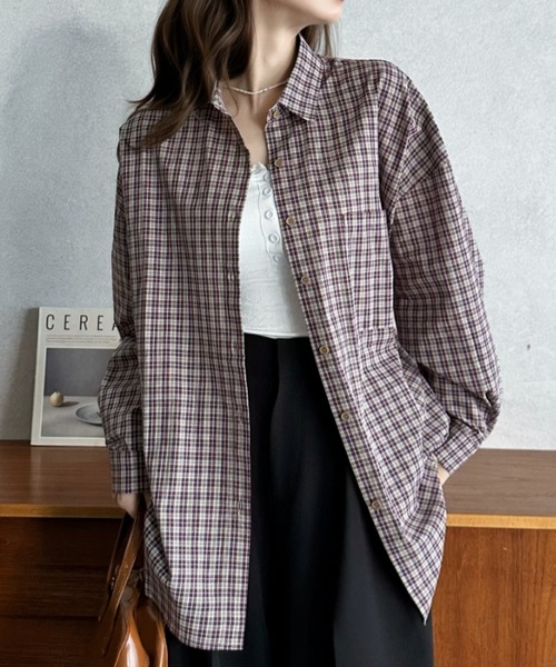 Eclat one（エクラワン）の「【Eclat one】ルーズフィット ドロップショルダー チェック シャツ（シャツ/ブラウス・レディース・ネイビー/パープル/ブルー・FREE）」の8枚目の写真