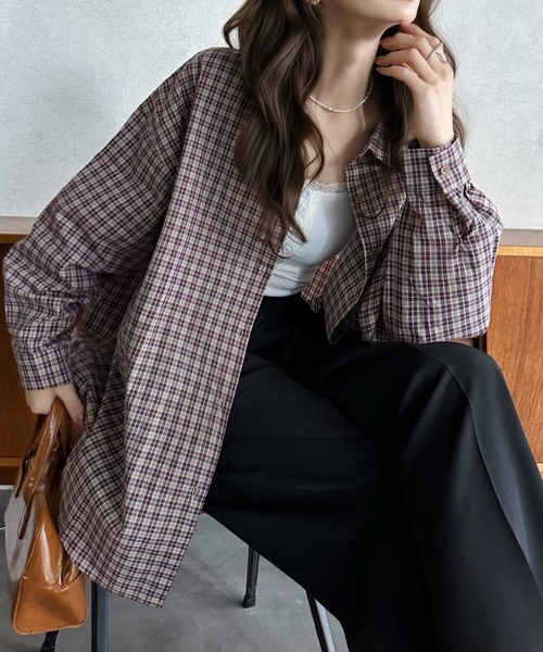 Eclat one（エクラワン）の「【Eclat one】ルーズフィット ドロップショルダー チェック シャツ（シャツ/ブラウス・レディース・ネイビー/パープル/ブルー・FREE）」の12枚目の写真