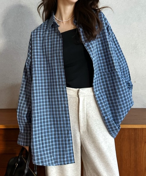 Eclat one（エクラワン）の「【Eclat one】ルーズフィット ドロップショルダー チェック シャツ（シャツ/ブラウス・レディース・ネイビー/パープル/ブルー・FREE）」の21枚目の写真