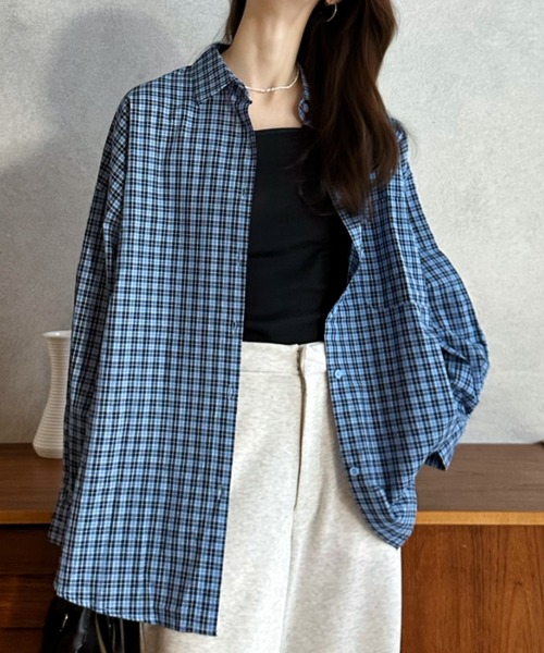Eclat one（エクラワン）の「【Eclat one】ルーズフィット ドロップショルダー チェック シャツ（シャツ/ブラウス・レディース・ネイビー/パープル/ブルー・FREE）」の15枚目の写真