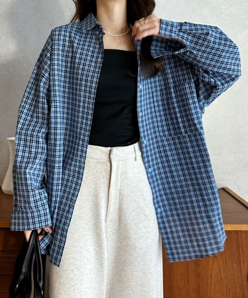 Eclat one（エクラワン）の「【Eclat one】ルーズフィット ドロップショルダー チェック シャツ（シャツ/ブラウス・レディース・ネイビー/パープル/ブルー・FREE）」の18枚目の写真