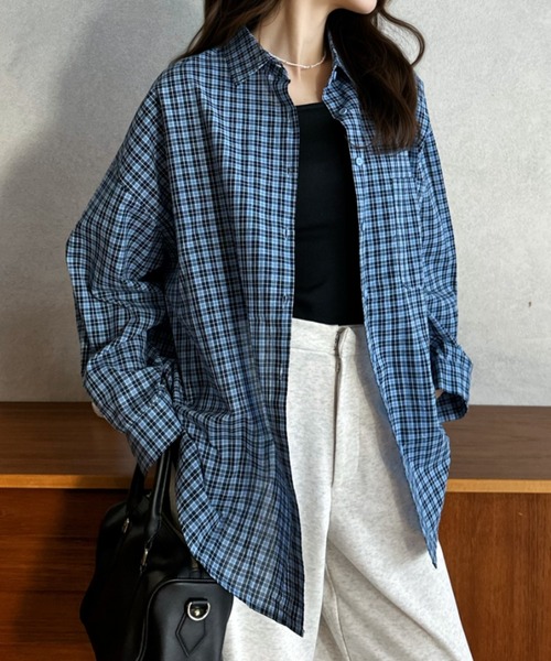 Eclat one（エクラワン）の「【Eclat one】ルーズフィット ドロップショルダー チェック シャツ（シャツ/ブラウス・レディース・ネイビー/パープル/ブルー・FREE）」の20枚目の写真