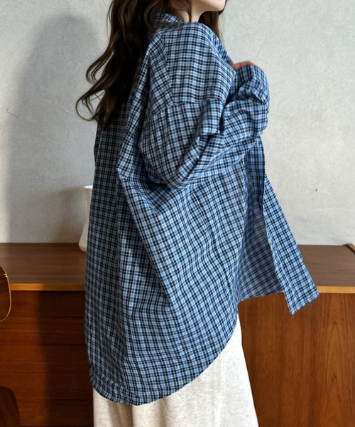 Eclat one（エクラワン）の「【Eclat one】ルーズフィット ドロップショルダー チェック シャツ（シャツ/ブラウス・レディース・ネイビー/パープル/ブルー・FREE）」の16枚目の写真