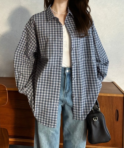 Eclat one（エクラワン）の「【Eclat one】ルーズフィット ドロップショルダー チェック シャツ（シャツ/ブラウス・レディース・ネイビー/パープル/ブルー・FREE）」の22枚目の写真