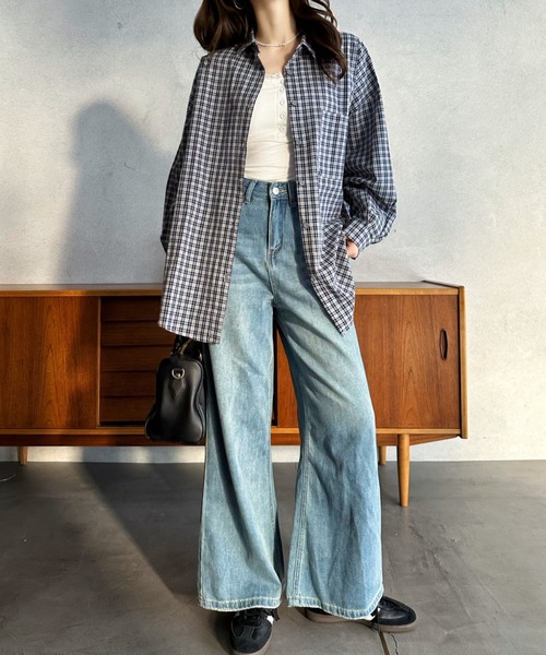 Eclat one（エクラワン）の「【Eclat one】ルーズフィット ドロップショルダー チェック シャツ（シャツ/ブラウス・レディース・ネイビー/パープル/ブルー・FREE）」の7枚目の写真