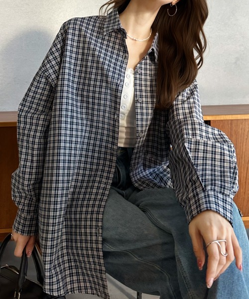 Eclat one（エクラワン）の「【Eclat one】ルーズフィット ドロップショルダー チェック シャツ（シャツ/ブラウス・レディース・ネイビー/パープル/ブルー・FREE）」の5枚目の写真