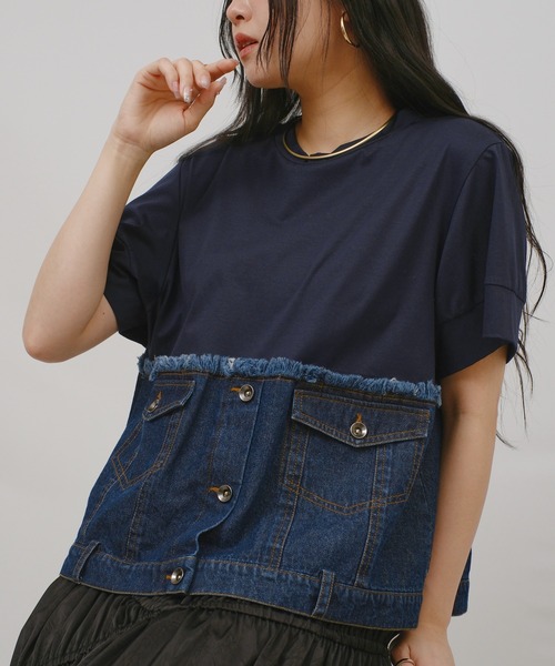 palm RICHE(ポームリシュ)の「デニムドッキングTOPS(Tシャツ/カットソー・レディース・オフホワイト/インディゴブルー/ブルー・M)」の3枚目の写真