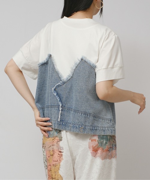 palm RICHE(ポームリシュ)の「デニムドッキングTOPS(Tシャツ/カットソー・レディース・オフホワイト/インディゴブルー/ブルー・M)」の9枚目の写真