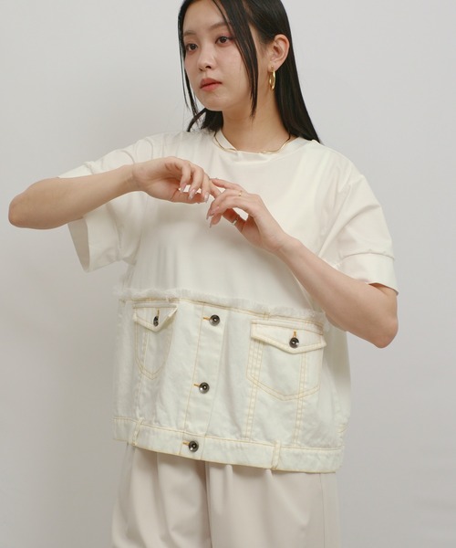 palm RICHE(ポームリシュ)の「デニムドッキングTOPS(Tシャツ/カットソー・レディース・オフホワイト/インディゴブルー/ブルー・M)」の10枚目の写真