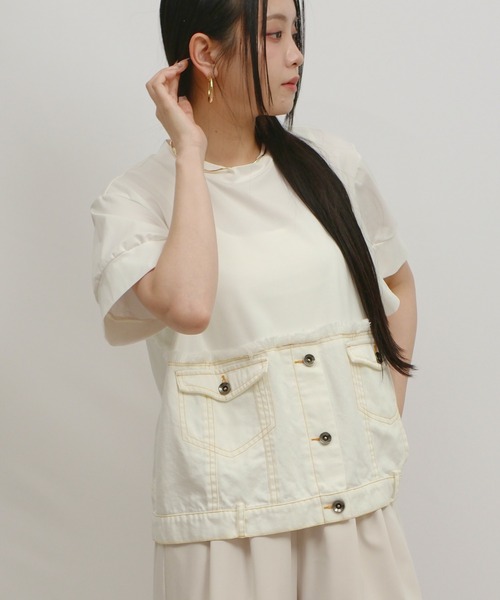palm RICHE(ポームリシュ)の「デニムドッキングTOPS(Tシャツ/カットソー・レディース・オフホワイト/インディゴブルー/ブルー・M)」の11枚目の写真