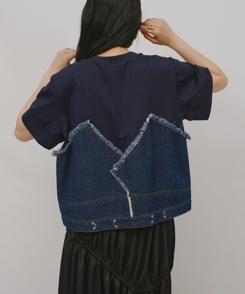 palm RICHE(ポームリシュ)の「デニムドッキングTOPS(Tシャツ/カットソー・レディース・オフホワイト/インディゴブルー/ブルー・M)」の16枚目の写真
