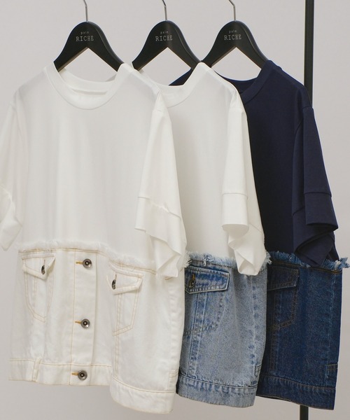 palm RICHE(ポームリシュ)の「デニムドッキングTOPS(Tシャツ/カットソー・レディース・オフホワイト/インディゴブルー/ブルー・M)」の20枚目の写真