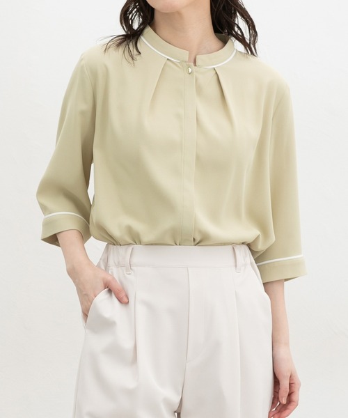 Honeys（ハニーズ）の「６分袖配色ブラウス（シャツ/ブラウス・レディース・ブラック系その他/グレイッシュブルー/ネイビー/イエロー系その他/アイボリー・S/M/LL/L/3L）」の5枚目の写真
