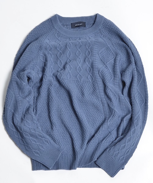 SHIPS JET BLUE(シップスジェットブルー)の「SHIPS JET BLUE(シップス ジェットブルー): 【コットン/リネン】 クレイジーケーブルニット■(ニット/セーター・メンズ・オリーブ/ライトブルー/ネイビー/グレー・SMALL/LARGE/MEDIUM)」の1枚目の写真