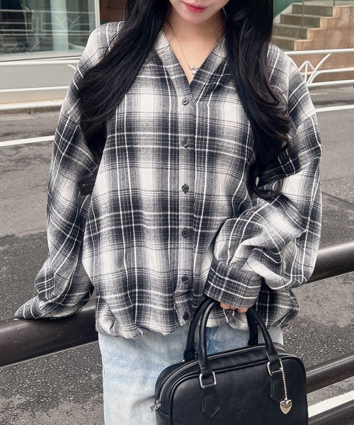 グレー Vネック 長袖Tシャツ チェック柄裾 ラグスタイル LUXSTYLE デジタルチェックジャガードVネックロンT/ロンT