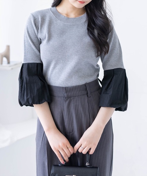 CLEAR BASIC（クリアベーシック）の「袖バルーン切替6分袖ニットトップス[大人 フェミニン 上品 オフィスカジュアル]（ニット/セーター・レディース・ブラック/アイボリー/グレー・F）」の3枚目の写真