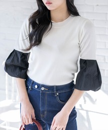 CLEAR BASIC | 袖バルーン切替6分袖ニットトップス[大人 フェミニン 上品 オフィスカジュアル](ニット/セーター)