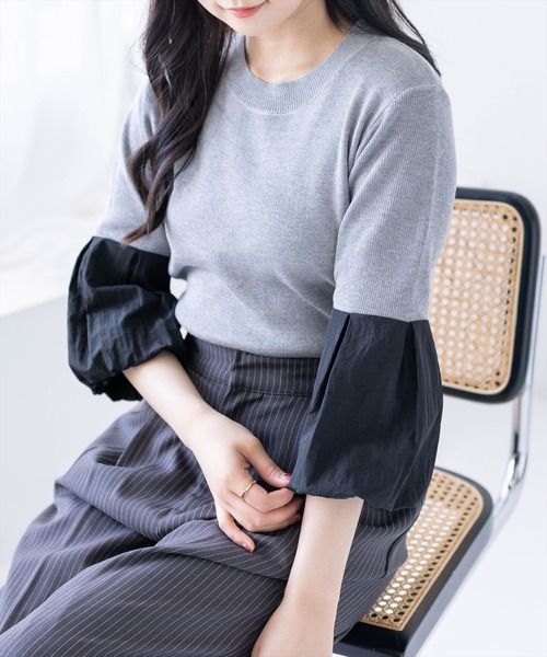 CLEAR BASIC（クリアベーシック）の「袖バルーン切替6分袖ニットトップス[大人 フェミニン 上品 オフィスカジュアル]（ニット/セーター・レディース・ブラック/アイボリー/グレー・F）」の10枚目の写真