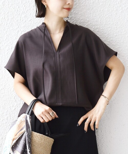 超希少★CRY. 絞り ギャザー 半袖 トップス ブラウス ジッパー 変形 シップス SHIPS 堀田茜×SHIPS:〈接触冷感/撥水/洗濯機可能〉TEXBRID