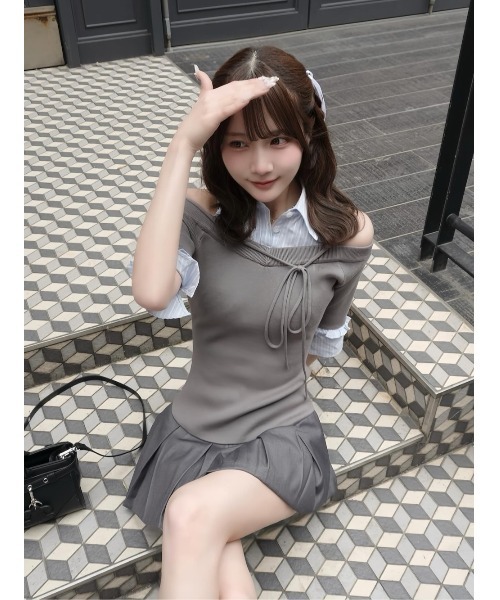 シャツドッキングオフショルプリーツミニワンピース（ワンピース