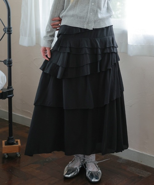 LiLIN(リリン)の「アシンメトリー ティアード フリル マキシ丈 スカート(スカート・レディース・ホワイト/ブラック・S/M/L)」の8枚目の写真
