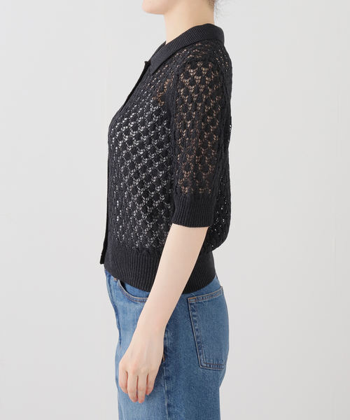 Spick & Span(スピックアンドスパン)の「透かし編み ポロシャツニットカーディガン(ニット/セーター・レディース・ホワイト/ブラック・FREE)」の3枚目の写真