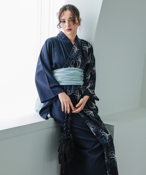 Callarus(カラルス)の「【浴衣】花柄アシメ刺しゅう浴衣セット(簡易ゆかた+帯)〔Callarus〕(浴衣・レディース・ネイビー系/ブラウン系その他・FREE)」の21枚目の写真