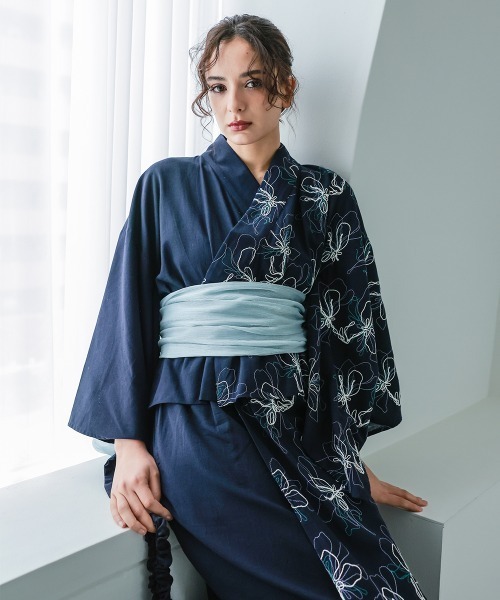 Callarus(カラルス)の「【浴衣】花柄アシメ刺しゅう浴衣セット(簡易ゆかた+帯)〔Callarus〕(浴衣・レディース・ネイビー系/ブラウン系その他・FREE)」の20枚目の写真