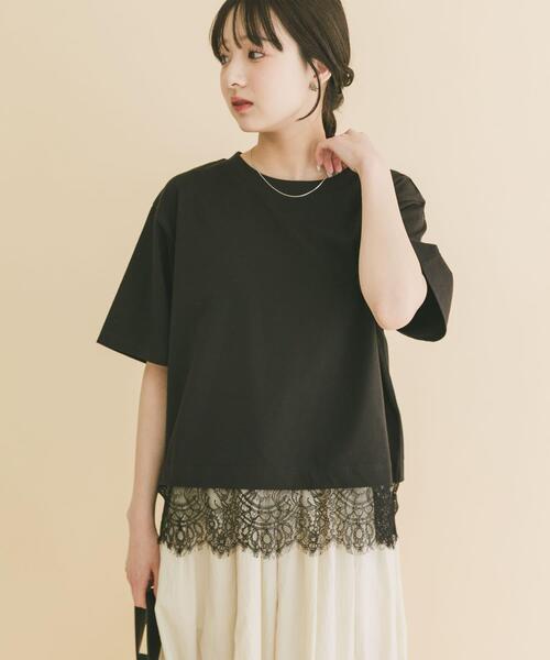 ITEMS URBANRESEARCH（アイテムズ アーバンリサーチ）の「裾レースコンビTシャツ（Tシャツ/カットソー・レディース・ホワイト/ブラウン/ブラック/チャコールグレー・FREE）」の2枚目の写真