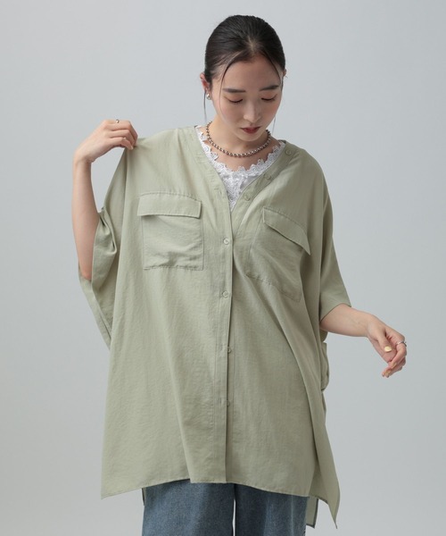 セール】VネックオーバーシャツチュニックSS 668079（シャツ/ブラウス