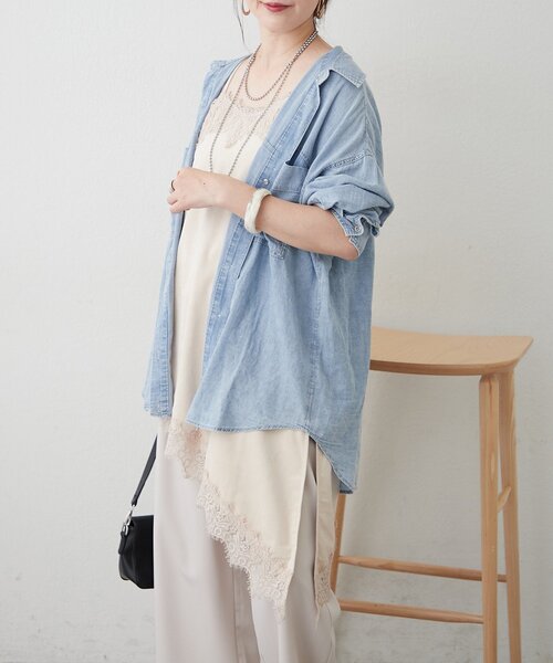 Remind me and forever(リマインドミーアンドフォーエバー)の「【夏も着れる】2WAYシアーデニムシャツ(シャツ/ブラウス・レディース・スミクロ/ケミカルウォッシュ/サックスブルー・FREE)」の7枚目の写真
