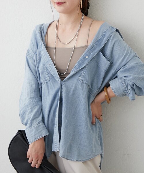 Remind me and forever(リマインドミーアンドフォーエバー)の「【夏も着れる】2WAYシアーデニムシャツ(シャツ/ブラウス・レディース・スミクロ/ケミカルウォッシュ/サックスブルー・FREE)」の8枚目の写真